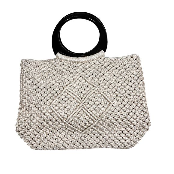 Unbranded Handbags - NEW Hand Woven Knit Macrame Large Bag Ivory Wood Handles Pockets Lined Magnetic